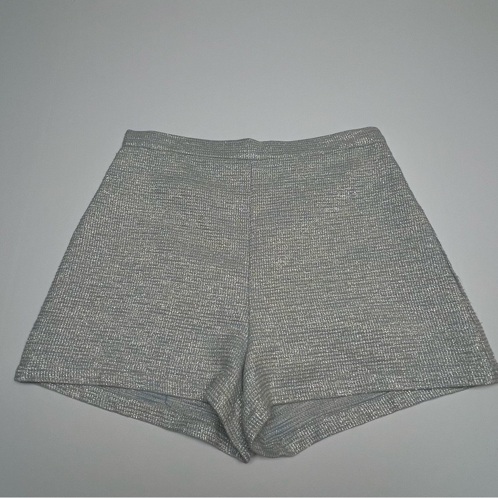 LAVENDER BROWN Silver Blue Tweed Shorts L High Waist Textured Lined Dressy Chic - Picture 14 of 14